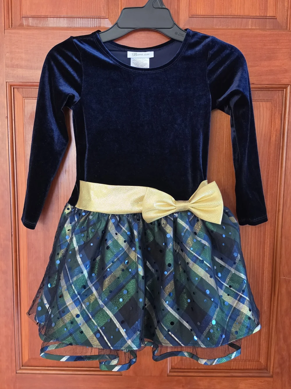 Bonnie Jean Girls Size 5 Navy Velvet Plaid Dress Gold Bow Long Sleeve
